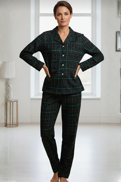 Zekalya Mother Daughter (Sold Separately) Checkered Plaid Patterned Suede Fabric Green Pajama Set