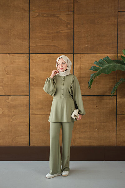 LOCCO Women's Snap Fastener Drawstring Detail Two-Piece Set Green