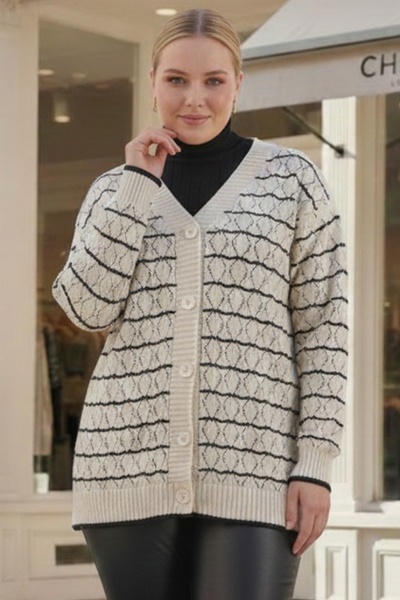 Chiccy Plus Size Ecru V-Neck Long Sleeve Striped Buttoned Casual Openwork Knitwear Cardigan 80 62