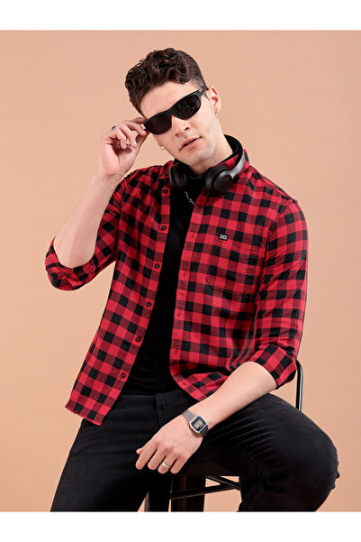 The Indian Garage Co By Styli Men Red Slim Fit Checked Shirt