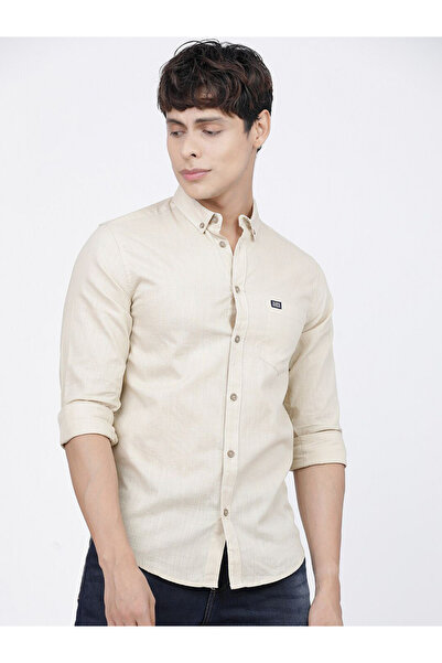 The Indian Garage Co By Styli Men Beige Slim Fit Button-Down Collar Shirt