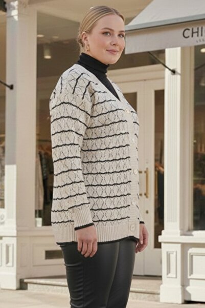 Chiccy Plus Size Ecru V-Neck Long Sleeve Striped Buttoned Casual Openwork Knitwear Cardigan 80 62