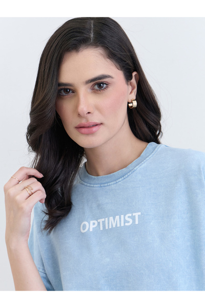 Styli Light Blue Oversized Slogan Print T-Shirt
