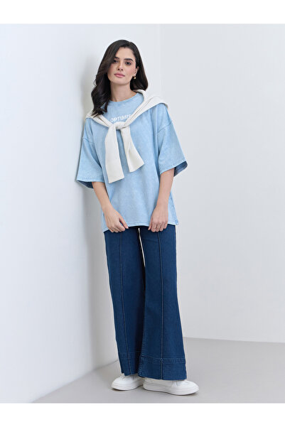 Styli Light Blue Oversized Slogan Print T-Shirt