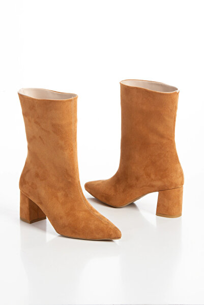 MFT AYAKKABI Women's Tan Suede Thick Heeled Zipperless Boots