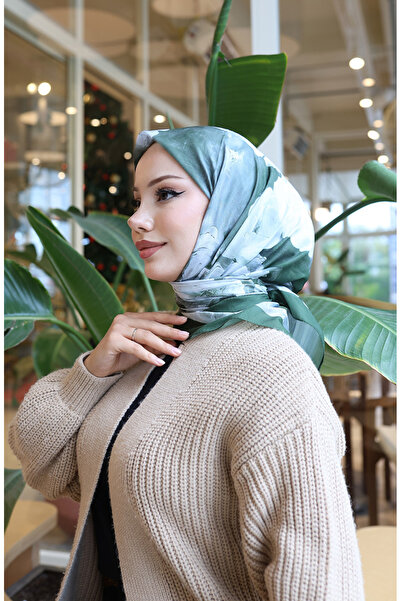 sefamerve Çiçek Desenli Pamuklu Koza Eşarp 70333-11 Haki