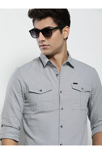 The Indian Garage Co By Styli Men Grey Solid Spread Collar Shirt
