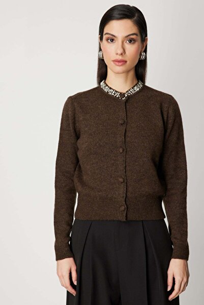 ON Yakası Taşlı Triko Hırka