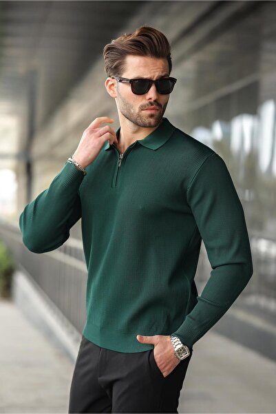 Madmext Nefti Green Polo Neck Zippered Long Sleeve Men's Sweater 7240