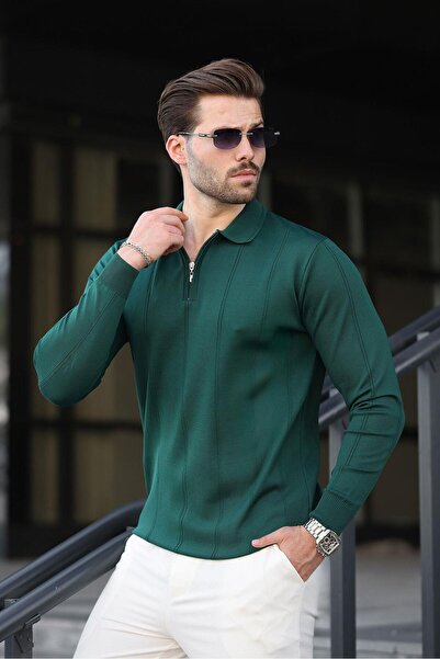 Madmext Nefti Green Polo Neck Zippered Men's Sweater E7427
