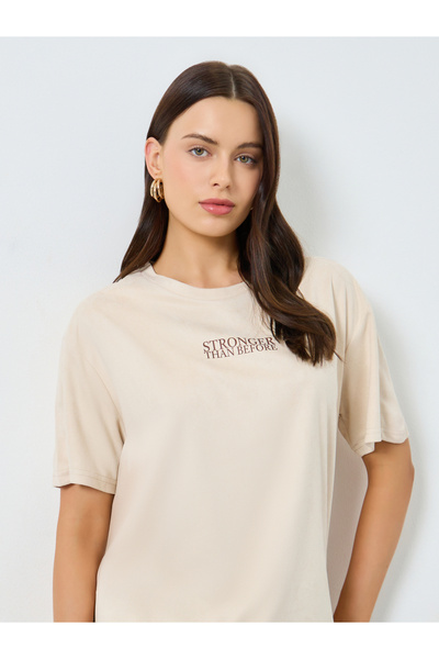 Styli Beige Oversized Slogan T-Shirt
