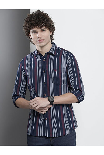 The Indian Garage Co By Styli Men Navy Striped Spread Collar Shirt
