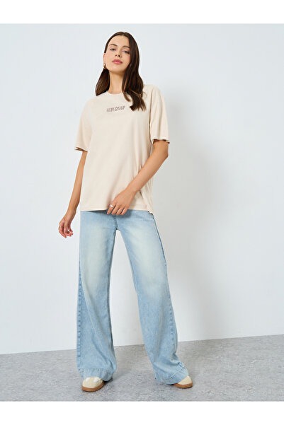 Styli Beige Oversized Slogan T-Shirt