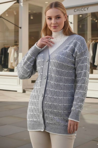 Chiccy Plus Size Grey-White V-Neck Long Sleeve Striped Buttoned Casual Openwork Knitwear Cardigan 80 62