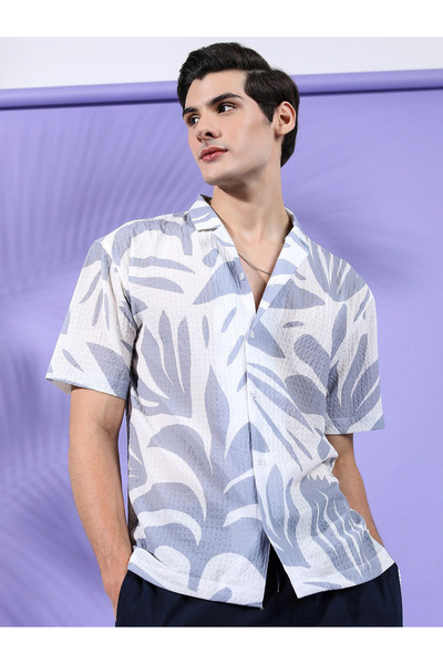 The Indian Garage Co By Styli Men Grey Floral Print Relaxed Fit Shirt