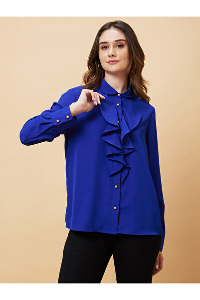 Globus By Styli Royal Blue Ruffle Front Long Sleeve Shirt