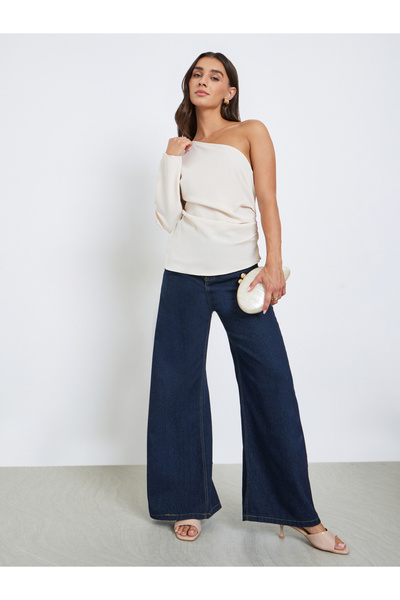Styli Asymmetric One Sleeve Blouse with Draped Detail