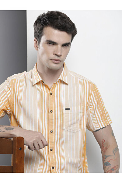 The Indian Garage Co By Styli Men Orange Striped Spread Collar Shirt