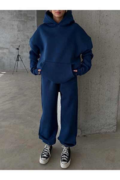 Butik 3 iplik مبطن بالصوف سترة رياضية بغطاء للرأس باللون الأزرق الداكن p510436