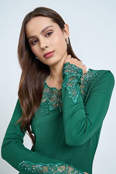 Take Two By Styli Dark Green Embellishment Detail Long Sleeve Top