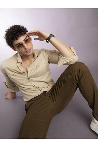 The Indian Garage Co By Styli The Indian Garage Co Slim Fit Beige Solid Shirt