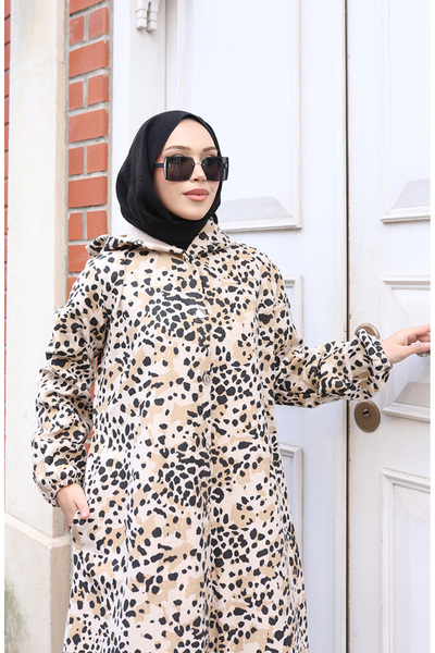 sefamerve Καπέλο με με κουκούλα κουμπιά με λεοπάρ στάμπα 0226-06 Μπεζ βιζόν