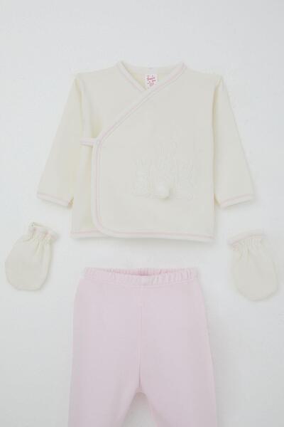 Breeze Baby Girl Hospital Release 5-Piece Pompom Bunny Embroidered 0-3 Months, Ecru