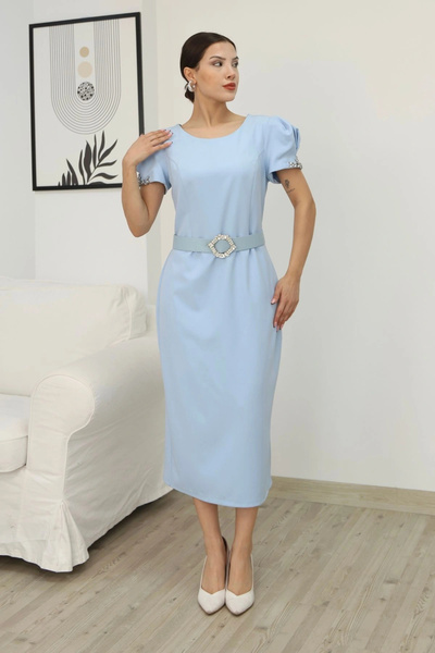lodmela Y Slit Midi Dress with Embroidered Sleeve Belt 2198-Baby Blue