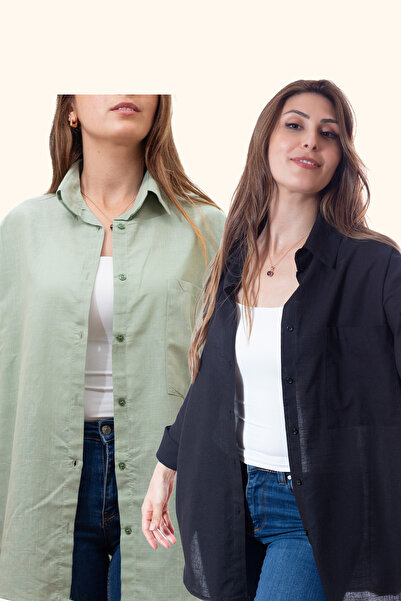 Justime Women's Oversized Cotton Linen Black - Mint Green Shirt