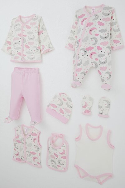 Breeze Baby Girl Hospital Release 8-Piece Sky-Themed Sleepy Moon Patterned 0-3 Months, Ecru
