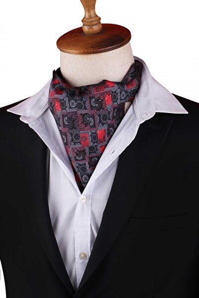 Kravatkolik Smoked - Red Motif Pattern Men's Scarf Ascot K672