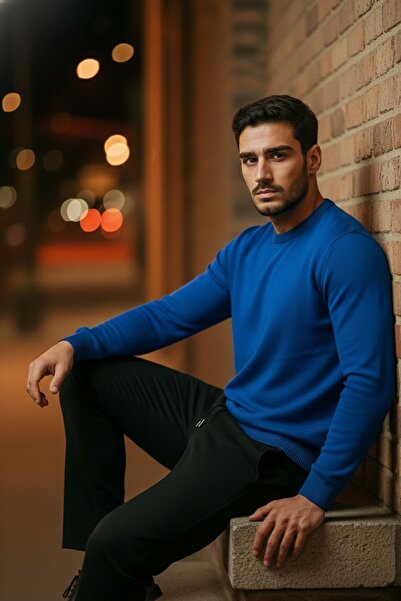 COMBİNE MİCHAİL Ανδρικό Βασικό Άνετο Μπλε Χαλαρό Πλεκτό Πουλόβερ