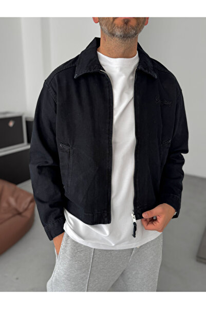 BYBASICMAN Μαύρο μπουφάν με φερμουάρ με κεντημένο κείμενο C-4615