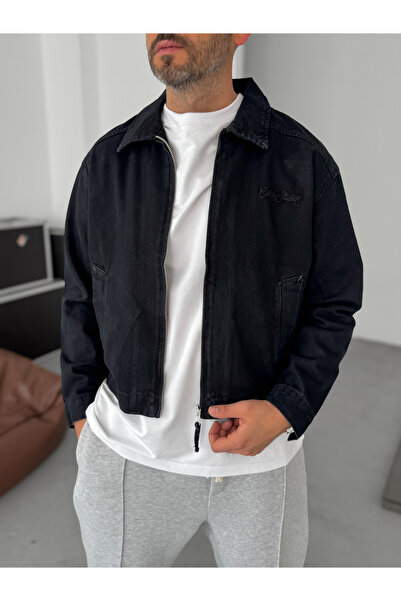 BYBASICMAN Μαύρο μπουφάν με φερμουάρ με κεντημένο κείμενο C-4615