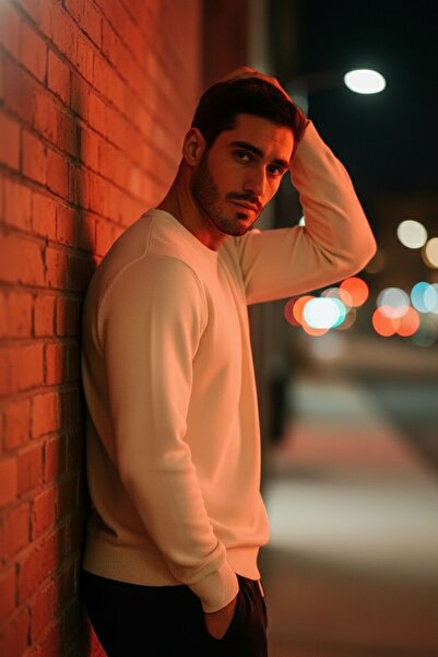 COMBİNE MİCHAİL Men's Basic Comfortable Cream Loose Knit Sweater