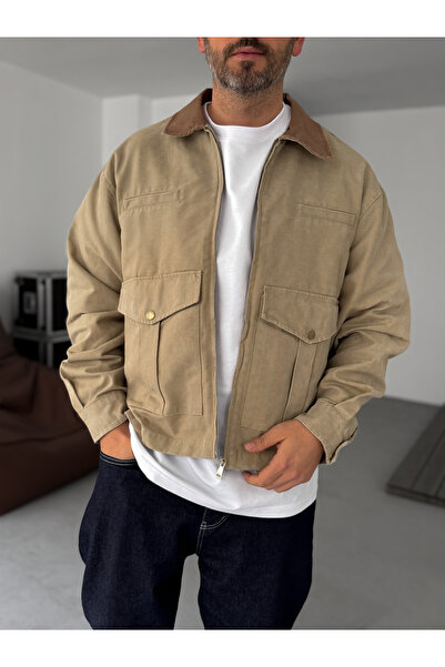 BYBASICMAN Jachetă bej cu detaliu buzunar la guler BRY-110-07