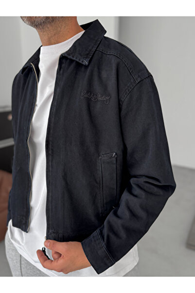 BYBASICMAN Μαύρο μπουφάν με φερμουάρ με κεντημένο κείμενο C-4615