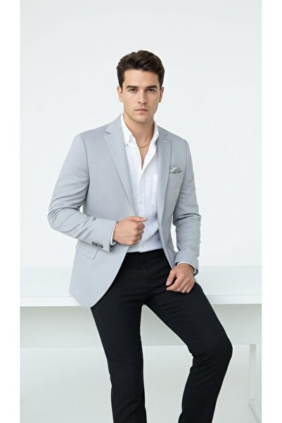Plus Scorpion Ανδρικό μπλέιζερ σε ανοιχτό γκρι χρώμα – εφαρμοστό , Κομψό και ελαφρύ ύφασμα, με ένα κουμπί
