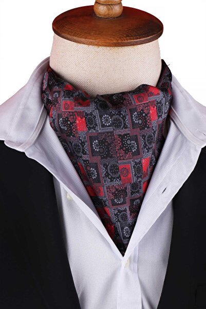Kravatkolik Smoked - Red Motif Pattern Men's Scarf Ascot K672