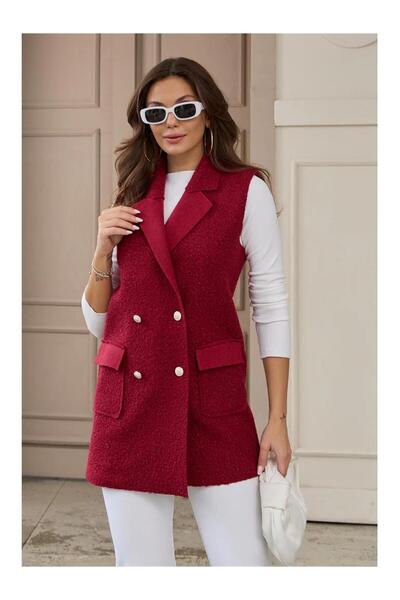 KULVAR TREND 7889 Buklet Kumaş Metal Düğmeli Tedy Yelek Bordo
