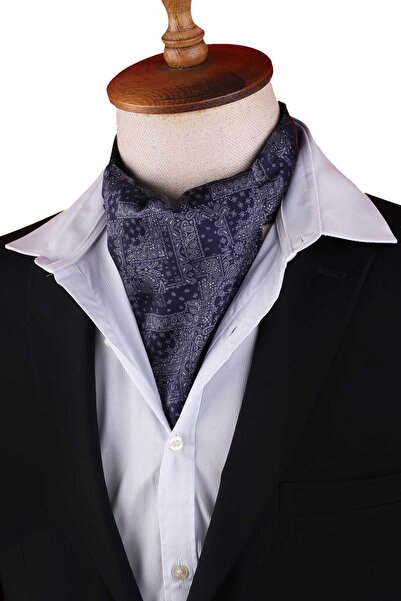 Kravatkolik Navy Blue Motif Pattern Men's Scarf Ascot K669