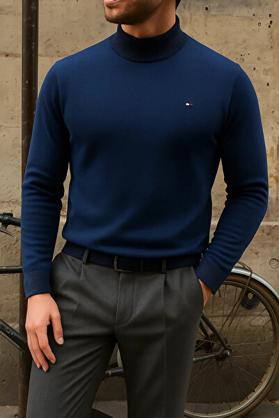comstar Ανδρικό χειμερινό πουλόβερ με μισό λαιμό, στενό βασικό πουλόβερ σε μπλε ναυτικό