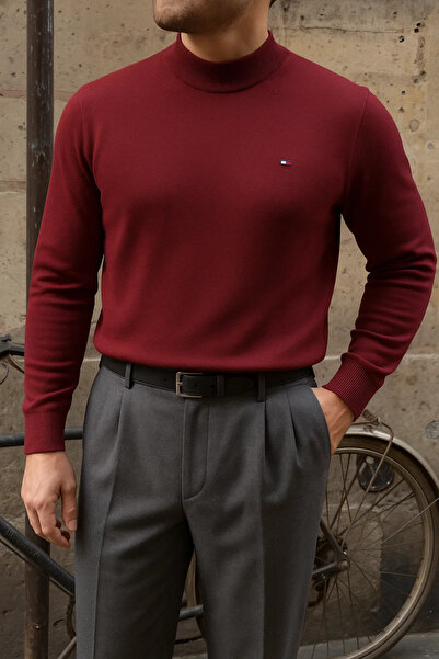 comstar Men's Winter Half-Thigh Length Slim Fit Basic Burgundy Sweater