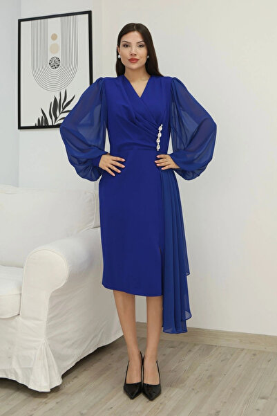 lodmela Double-Breasted Collar Waist Chiffon Detailed Balloon Sleeve Evening Dress 2263- Cobalt