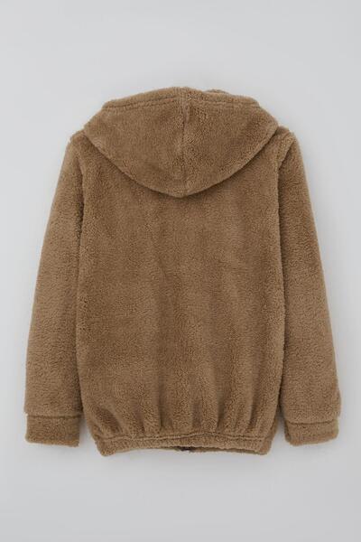 MENSİS Плюшено палто за момичета с бродерия на мече, с качулка, джобове, за възраст 8-12 години, кафяво