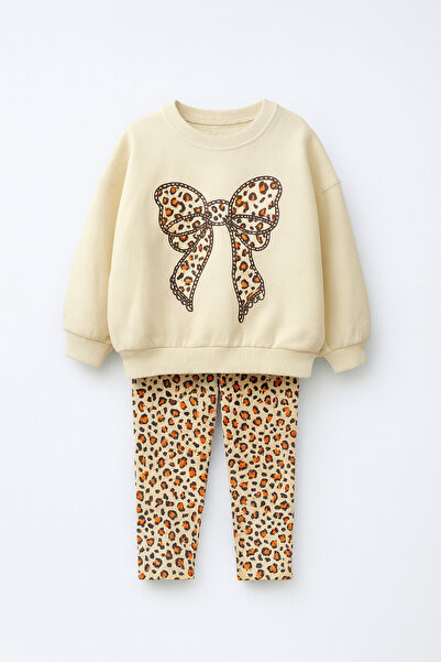 My Kids Wear Girl's Bow Detailed Leopard Patterned Leggings 3 Thread Set Ş Fleece-Lined 2-10 Years 12331