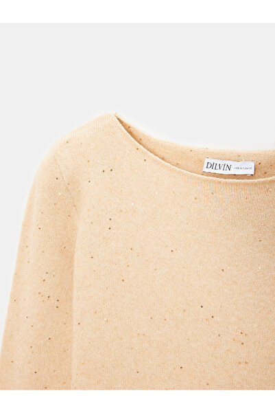 Dilvin 10836 Pulover cu decolteu barcă cu sclipici din amestec de lână-bej