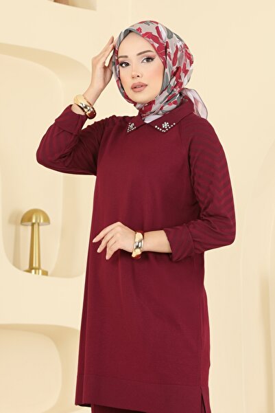 ModaMerve Boncuk Detaylı Merserize Triko Takım 144ART1138-MS Bordo