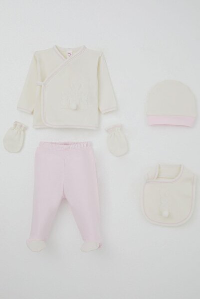 Breeze Baby Girl Hospital Release 5-Piece Pompom Bunny Embroidered 0-3 Months, Ecru