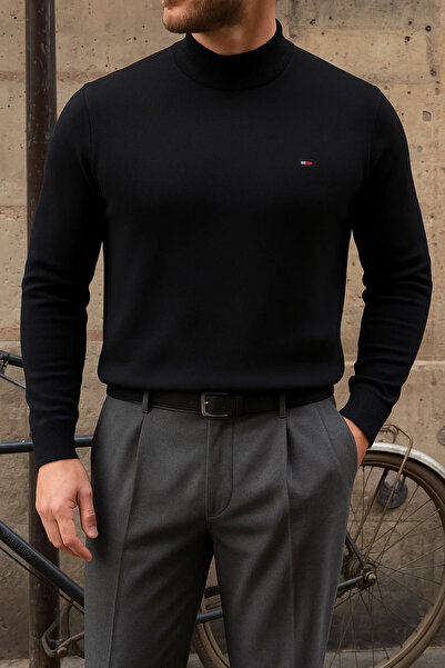 comstar Pulover negru pentru bărbați, iarnă, cu jumătate de gât, strâns, basic